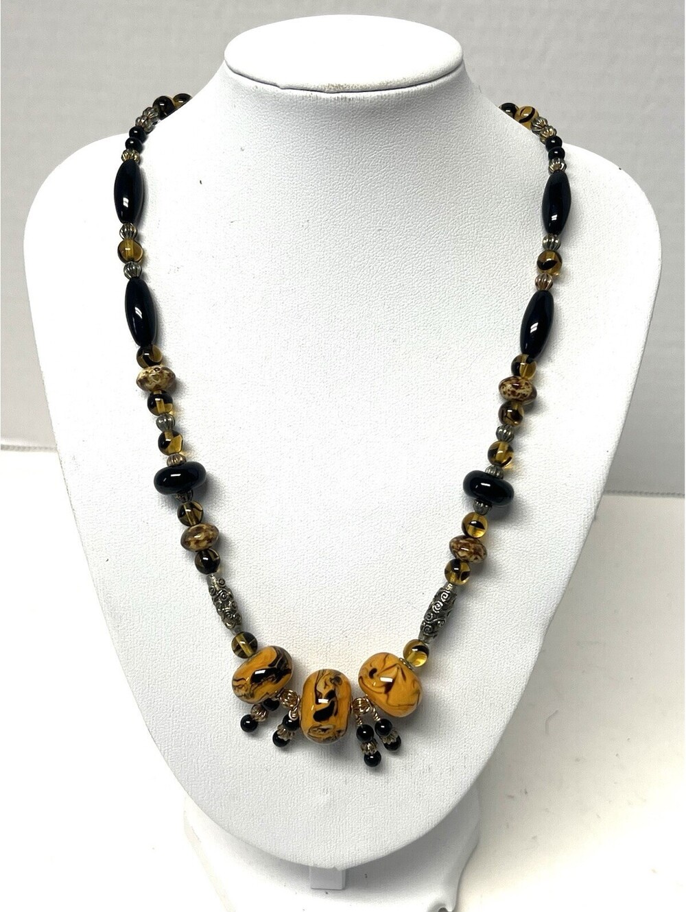 Vintage Tigers Eye Glass Bead Necklace Black Yellow Gold 15”